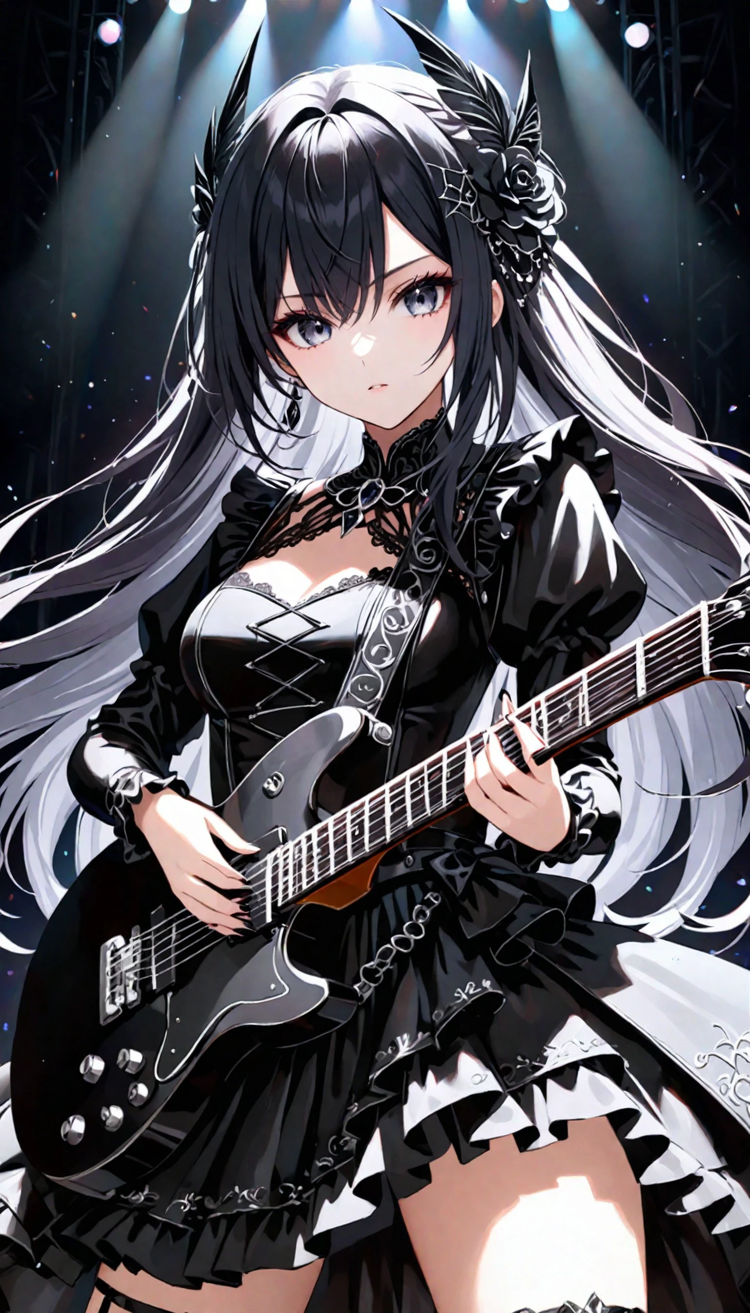 swedish metal rock girl holding a guitar, intense stare into camera, with gothic make-up, intricate details, highly detailed eyes, fancy hair and dark gothic dress, flash photo, on stage, intricate details