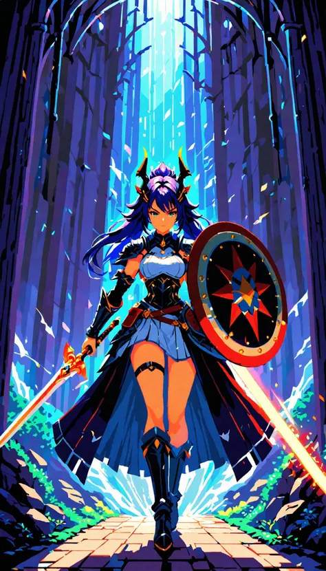 Pixel art of a fierce female warrior with a sword and shield in a fantasy setting, featuring vibrant colors, dynamic lighting, and a dramatic, epic mood
