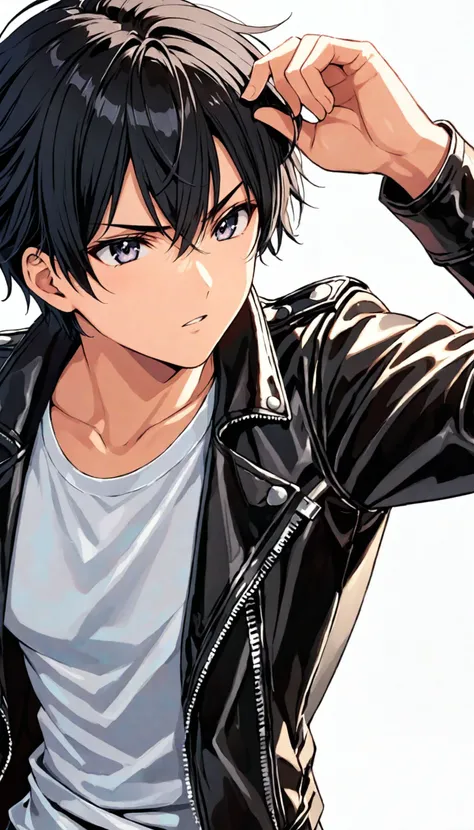 1boy, black hair, white background, short cut hair, leather jacket, tshirt, upper body, detailed shape, detailed line, art of fighting attitude, color manga style