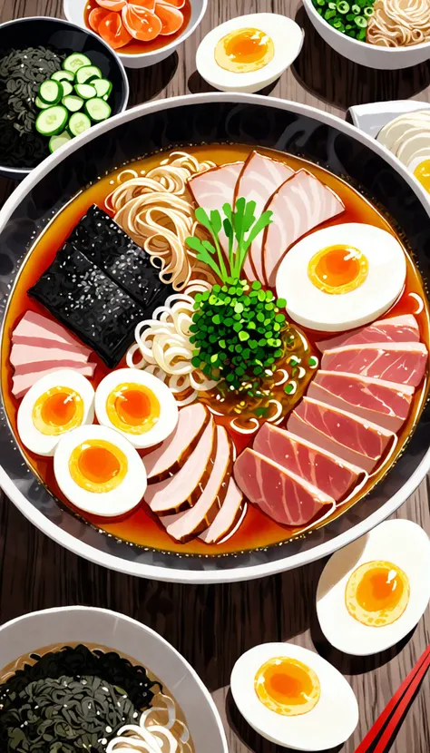 bowl of steaming hot ramen noodles, with a variety of toppings including sliced pork, boiled egg, green onions, and a sheet of nori (dried seaweed). The broth looks rich and flavorful, likely made from a combination of chicken, pork, and dashi.