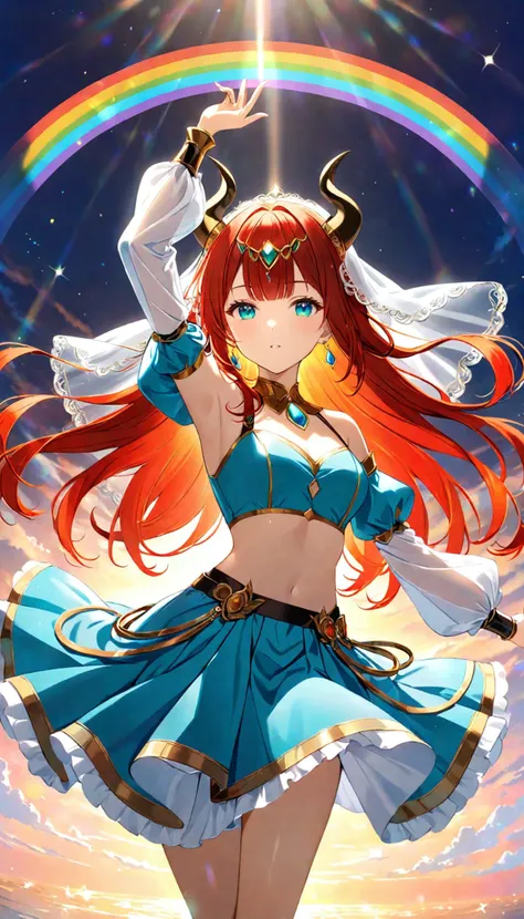 1girl, solo, back light, rainbow, aqua eyes, fake horns, red hair, long hair, crop top, jewelry, horns, veil, bracer, brooch, puffy long sleeves, skirt, bangs, low twintails, puffy sleeves, neck ring, gold trim, parted bangs, arm up, blue skirt, hair ornament, detached sleeves, floating hair, gem, hair flower, blue gemstone