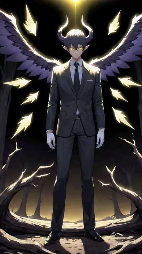 solo, 1boy, suit, formal, male focus, eldritch abomination, gloves, belt, pants, standing, jacket, black background, shirt, long sleeves, looking at viewer, wings, white gloves, yellow eyes, extra eyes, nature, night, dead_tree,