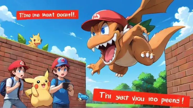 english text, no humans, blue background, tree, hat, sky, pokemon (creature), ?, multiple boys, outdoors, blue sky, brick wall, comic, mario, open mouth, day, gameplay mechanics