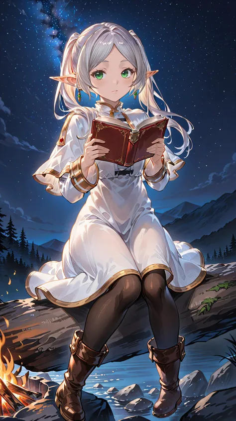 <lora:granblue_fantasy_style_xl:1>,granblue_fantasy_style_xl,granblue,((masterpiece)),<lora:add-detail-xl:0.7>,<lora:detailed_notrigger:0.6>,ultra detailedd,etailed Illustration,official artwork,wallpaper,extremely detailed eyes and face,beautiful detailed eyes,((best quality)),highres,1 girl,(solo),<lora:frieren_nereirfpnxl_xl:0.9>,frieren,pointy ears,elf,green eyes,long hair,twintails,(red earrings),boots,pantyhose,white dress,white capelet,outdoors,long sleeves,cinematic lighting,(night),starry sky,sitting on  stone near behind a campfire,reading a book,score_9,score_8_up,score_7_up,score_6_up,anime,