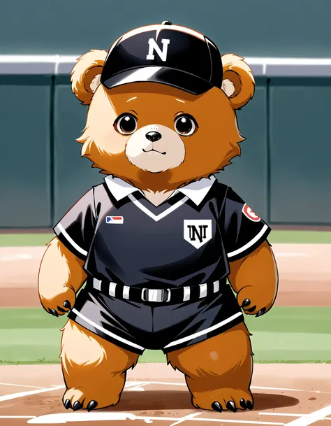 Bear cub wearing Umpire outfit, no humans,