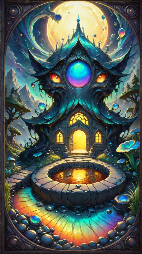 intricately detailed, focus on transformation, a color out of space, mysterious unknown alien color infecting a small New England crooked old farmhouse and nearby stone wishing well, Lovecraftian fear of the unknown, covering the land in an eerie dread, twisting reality to crooked new forms of plants and animals, surrealist horror painting with inspiration from Art Nouveau, sickly multi-colored oily shimmer, iridescent opal, hp_lovecraft_style, ral-oilspill, <lora:IOS_Iridescent_opal_style:.5>, <lora:hp_lovecraft_XL:.5>, <lora:ral-oilspill-sdxl:.5>