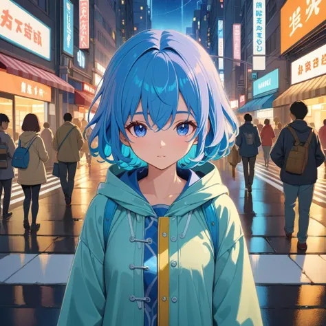 8k photo portrait of a stunning woman with blue hair in a pastel raincoat, looking at the camera, at a bustling crosswalk at night, wet reflections, highly detailed, studio ghibli, akira toriyama, james gilleard, genshin impact, trending pixiv fanbox, acrylic palette knife, vibrant colors, masterpiece, hyperdetailed, highly detailed, uhd, 8k, highres, detailed scene, intricately detailed illustration, trending on artstation, ray-traced environment