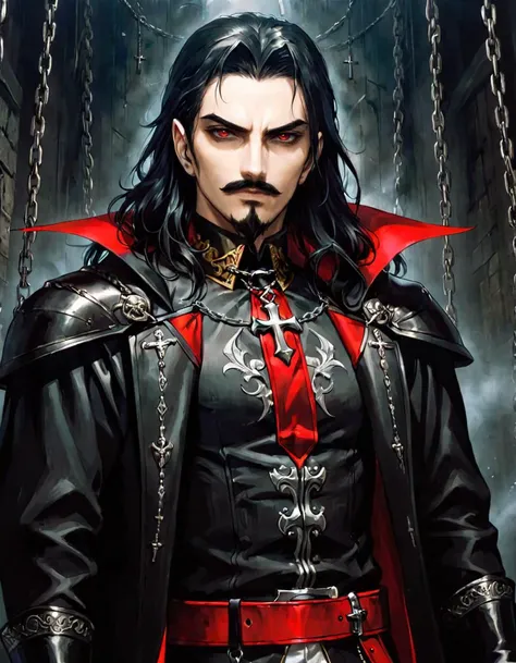 anime artwork photograph Dracula, sotn, 1boy, male focus, facial hair, black hair, beard, mustache, long hair, jewelry, black cape, belt, shoulder armor, upper body, necklace, long sleeves, closed mouth, looking at viewer, manly, cross, realistic, chain, photoshop (medium), pauldrons, standing, black coat
 <lora:sotn:.6> 
<lora:offset_0.2:0.5>, 50mm . cinematic 4k epic detailed 4k epic detailed photograph shot on kodak detailed cinematic hbo dark moody, 35mm photo, grainy, vignette, vintage, Kodachrome, Lomography, stained, highly detailed, found footage . anime style, key visual, vibrant, studio anime,  highly detailed