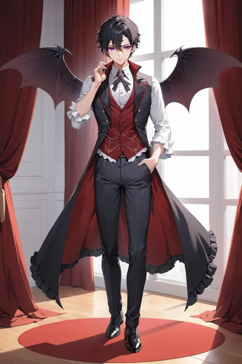 (masterpiece, best quality:1.2), 1boy, bat_wings, black_coat, black_footwear, black_hair, black_pants, coat, cross-laced_footwear, curtains, frilled_shirt_collar, frilled_sleeves, frills, full_body, grey_vest, hair_between_eyes, hand_up, lace-trimmed_sleeves, lace_trim, lapels, looking_at_viewer, male_focus, notched_lapels, pants, parted_lips, purple_eyes, red_wings, shirt, short_hair, solo, two-sided_coat, two-sided_fabric, vampire, vest, white_shirt, wings