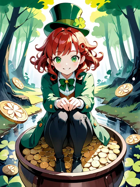 portrait of a cute leprechaun woman sitting on a cauldron filled gold coins, curly red hair, bright green eyes, green coat, trousers and top hat, four-leaf clover accessory, crafty smile, dynamic pose, abstract beauty, centered, looking at the camera, approaching perfection, dynamic, highly detailed, watercolor painting, concept art, smooth, sharp focus, illustration, in an enchanted glade, Ghibli style inspired by Brent Heighton