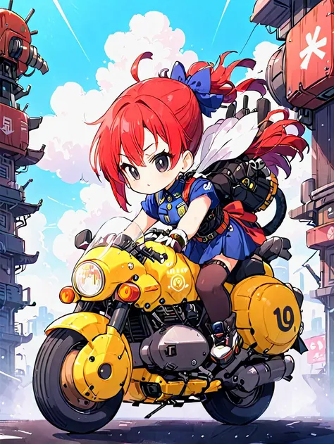 1girl, <lora:qs6:0.8> qstyle, full body, military or naval uniform, chibi, black eyes
BREAK
<lora:Akira_Toriyama_vehicle:0.8>, riding a army motorcycle, <lora:20231130-1701325598200:0.5> Akira Toriyama manga style, mechanical setting
BREAK
manga, hand drawing, (full colour:1.3), cloud, sky, <lora:add-detail-xl:1.2>, cyberpunk, detailed, <lora:DieselPunkAIv2:0.8> dieselpunkai