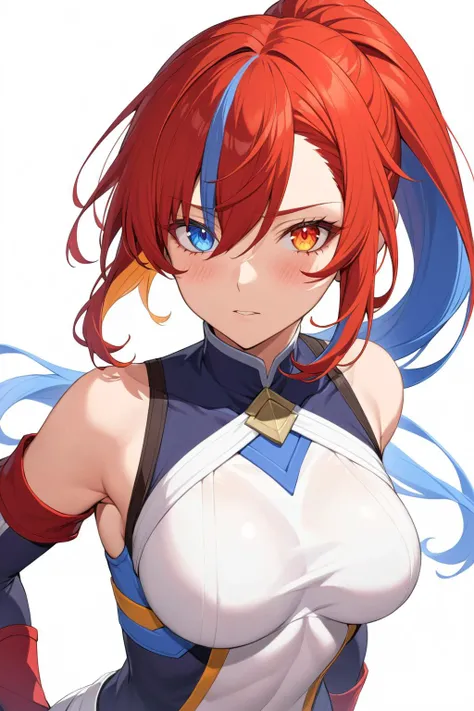 (masterpiece, best quality:1.2), alear_(female)_(fire_emblem), alear_(fire_emblem), 1girl, blue_eyes, blue_hair, blush, hair_between_eyes, heterochromia, long_hair, multicolored_hair, official_alternate_costume, official_alternate_hairstyle, ponytail, red_eyes, red_hair, solo, split-color_hair, training_outfit_(fire_emblem_engage), two-tone_hair, white_background