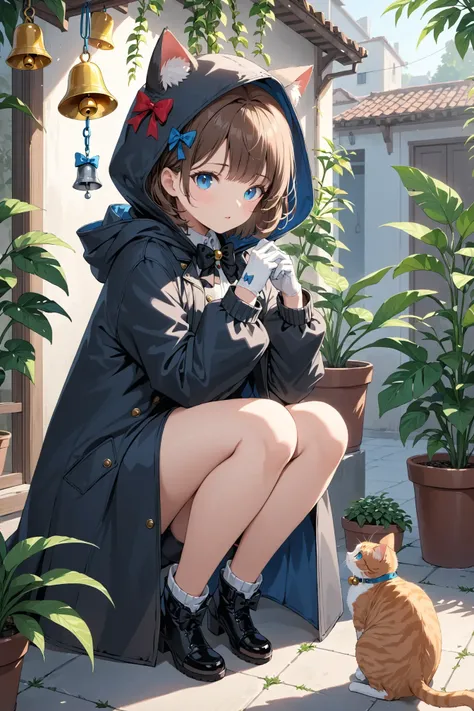 1girl, solo, masterpiece, best quality, outdoors, pose , animal, bell, black bow, black coat, blue eyes, bow, brown hair, cat, coat, gloves, hair bow, hood, hood up, looking at viewer, medium hair, parted lips, plant, sitting, standing