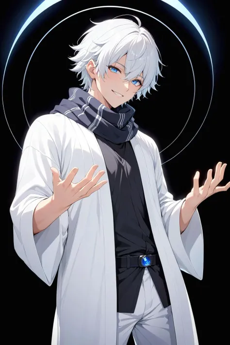 (masterpiece, best quality:1.2), gojou_satoru, 1boy, black_scarf, black_shirt, blue_eyes, cowboy_shot, diffraction_spikes, hands_up, looking_at_viewer, male_focus, pants, parted_lips, robe, scarf, shirt, short_hair, smile, solo, standing, white_background, white_hair, white_robe