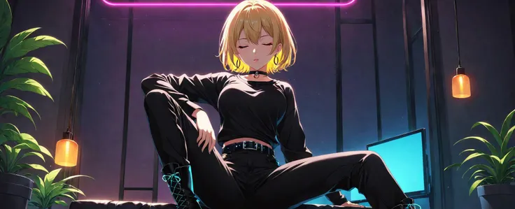 anime artwork fflix-npt, neon lights, 1girl, hoop earrings, jewelry, black choker, potted plant, black pants, sitting, belt, glowing, crossed legs, original, long sleeves, black shirt, leaning back, indoors, chromatic aberration, parted lips, looking at viewer, blonde hair, boots, closed eyes, short hair, blood, photoshop (medium), breasts
 <lora:sd_xl_offset_example-lora_1.0:0.8> . anime style, key visual, vibrant, studio anime,  highly detailed