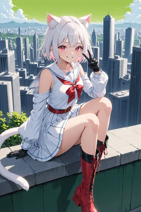 1girl, solo, masterpiece, best quality, outdoors, pose , animal ears, boots, cat ears, cat girl, cityscape, dress, gloves, green background, grin, hand up, knee boots, knee up, long sleeves, looking at viewer, medium hair, pink eyes, pleated skirt, red footwear, sash, sitting, skirt, sleeveless dress, tail, v, white hair, white sailor collar, wide sleeves