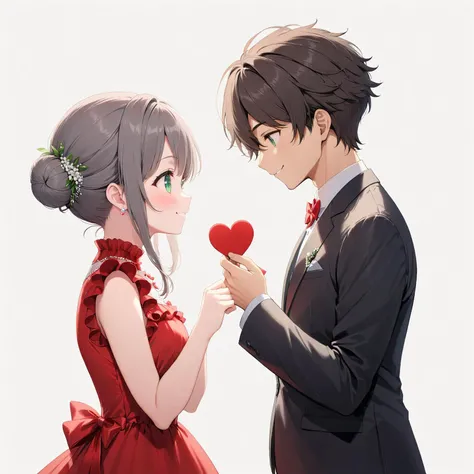 (masterpiece, best quality, pair, "Valentine's Day", face to face from side), gray bun-hair, green eyes cute smile tilt face red-frilling-dress standing girl, a big heart, a black-suits gentle-boy, simple background