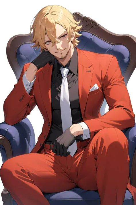 (masterpiece, best quality:1.2), sanji_(one_piece), 1boy, black_gloves, black_shirt, blonde_hair, crossed_legs, curly_eyebrows, curly_hair, facial_hair, gloves, goatee, hair_over_one_eye, looking_at_viewer, male_focus, necktie, pants, red_pants, red_suit, shirt, short_hair, simple_background, sitting, smile, solo, suit, white_necktie