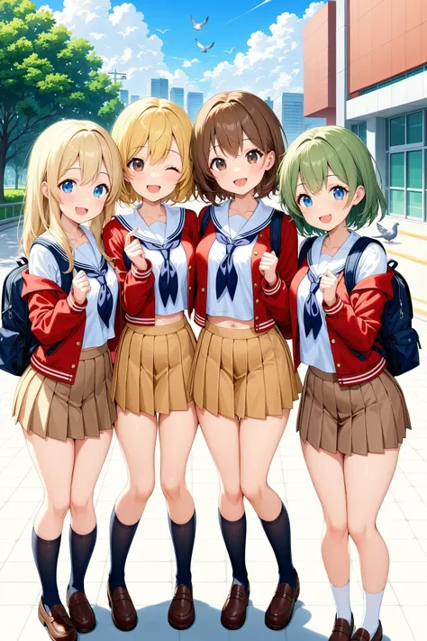 4girls, :3, :d, ^_^, arrow \(symbol\), backpack, ass visible through thighs, black eyes, blonde hair, blue eyes, brown eyes, brown hair, brown skirt, closed eyes, dot nose, green hair, hair over shoulder, hand up, looking at viewer, midriff, miniskirt, multiple girls, off shoulder, outdoors, pigeon-toed, pleated skirt, red jacket, school uniform, shirt, skirt, smile, masterpiece, best quality