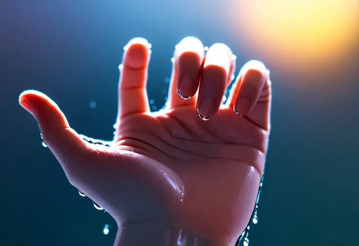 close-up hand, bokeh background effect, drop water,