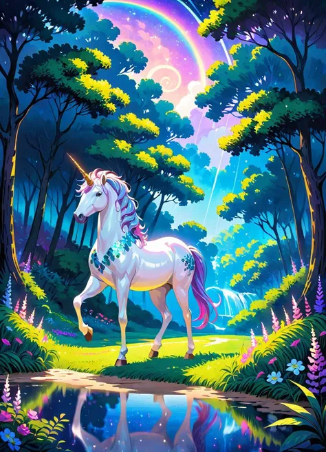 A graceful unicorn with iridescent scales and a spiral horn standing in a lush, mystical forest under a moonlit, starry sky , rendered in the impressionistic style of Claude Monet, with bold brush strokes and vibrant colors