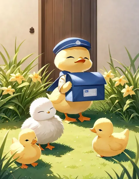Duckling wearing Mail carrier outfit, no humans, , animal, animal focus, bird, cat, closed eyes, closed mouth, full body, grass, outdoors, plant, scenery