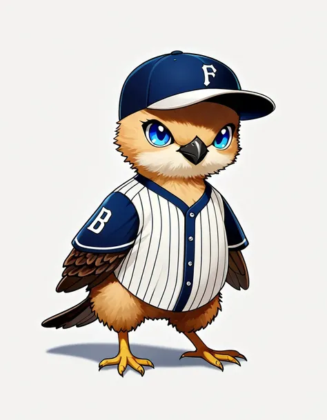 Falcon Chick wearing Baseball player outfit, no humans, , animal focus, bird, blue eyes, cat, closed mouth, full body, looking at viewer, simple background, solo, white background