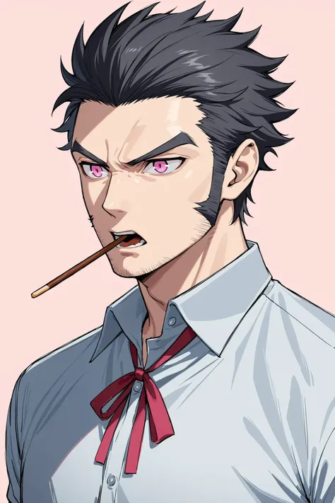 1boy, solo, black hair, collared shirt, grey hair, looking to the side, male focus, neck ribbon, open mouth, pink eyes, pocky day, ribbon, school uniform, serious, shirt, sideburns, simple background, standing, thick eyebrows, upper body, uniform, masterpiece, best quality