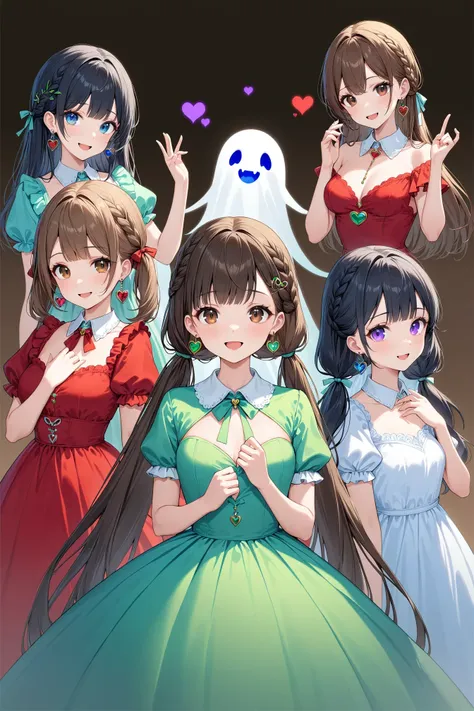 5girls, black hair, blue eyes, braid, branch, brown eyes, brown background, brown hair, collared dress, dress, earrings, eyelashes, french braid, ghost, green dress, gradient background, hair ornament, heart, jewelry, light smile, long hair, looking at viewer, low twintails, low-tied long hair, multiple girls, music, open mouth, purple eyes, red dress, revealing clothes, short sleeves, smile, twintails, masterpiece, best quality