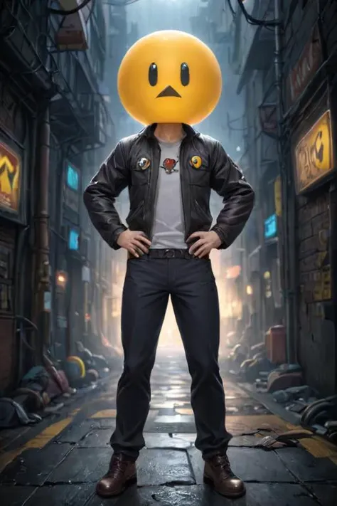 (solo:1.8), pacman with jacket, pants, hand on own hip, 1boy, <lora:sdxl_lightning_2step_lora:1> <lora:withlegs06:1>