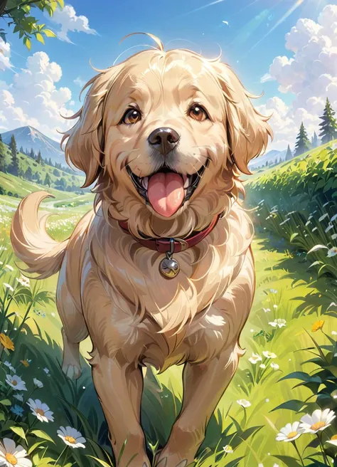 masterpiece, best quality, happy Golden retriever, tongue out, smile, playing in a meadow, greenery, very aesthetic, happy sunny atmosphere