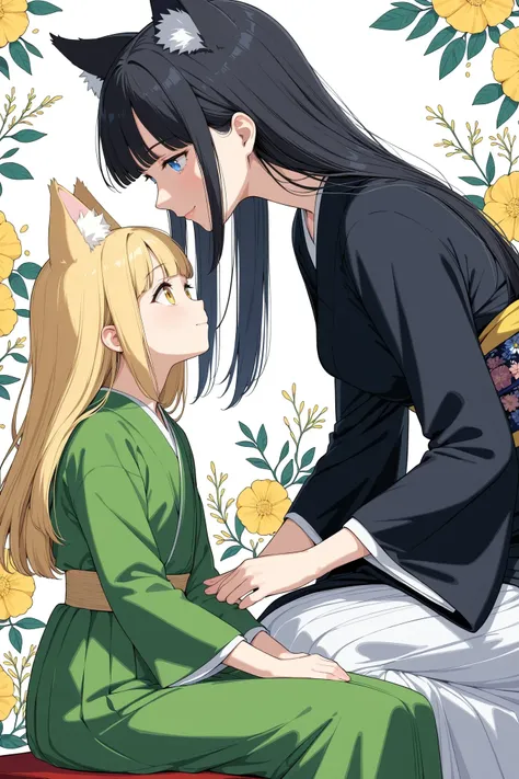 2girls, yuri, animal ear fluff, black hair, black kimono, blonde hair, blue eyes, blunt bangs, closed mouth, eyelashes, floral background, green dress, long hair, long skirt, long sleeves, looking away, mouth hold, mother and daughter, multiple girls, parted lips, profile, sitting, skirt, smile, white skirt, yellow eyes, masterpiece, best quality