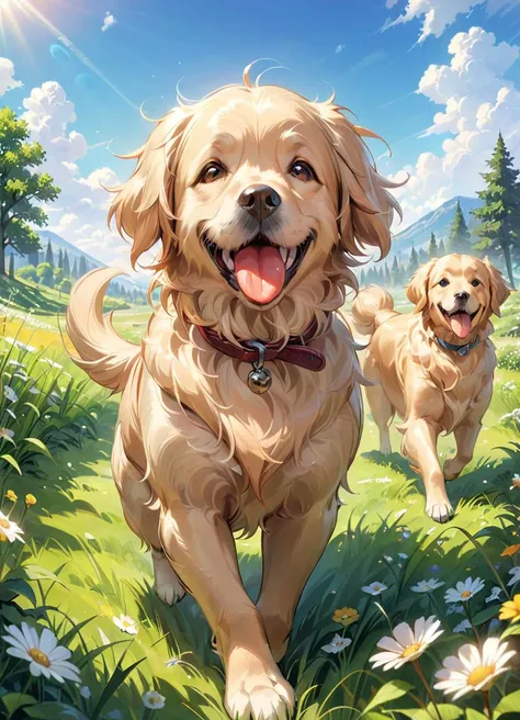 masterpiece, best quality, happy Golden retriever, tongue out, smile, playing in a meadow, greenery, very aesthetic, happy sunny atmosphere