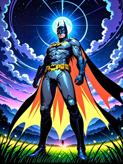 ultra detailed cg shounen anime style. Batman, at night time surrounded by glowing, fireflies in a field. breathtaking visuals, awe inspiring beauty and majestic. high contrast between light and shadow. god rays, masterpiece quality, digital cel art, bold outlines, strong line work, vibrant colors, high saturation. Very detailed. photo realistic, 8k, uhd, hdr