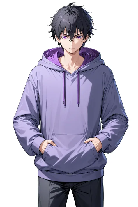 1boy, solo, black hair, closed mouth, hair between eyes, hood, hood down, hoodie, long sleeves, male focus, purple eyes, standing, transparent background, wing collar, wide sleeves, masterpiece, best quality