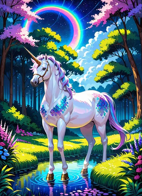 A graceful unicorn with iridescent scales and a spiral horn standing in a lush, mystical forest under a moonlit, starry sky , rendered in the impressionistic style of Claude Monet, with bold brush strokes and vibrant colors