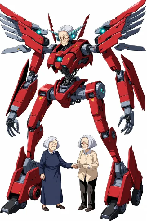 mecha musume, cyborg, mecha, mechanical wings, non-humanoid robot, old, old woman, robot, transformation, walker (robot), what, white background, wince, wing ornament