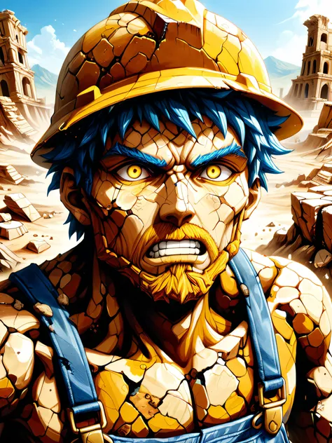 epic fantasy, detailed image full of emotion, elemental art, portrait, an earth elemental (made of clay and rocks), wearing denim overalls, holding a shovel at the ruins of an ancient city, wearing a yellow hard hat, <lora:detailed_notrigger:1>,  <lora:xl_more_art-full_v1:.6> <lora:dryearth:.8> drath <lora:Sandstoneold-SDXL:.6> eroded, sandstone, scratched, old stone