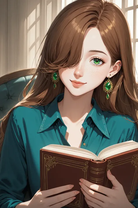 1girl, solo, book, brown hair, earrings, freckles, green eyes, hair over one eye, jewelry, light smile, lips, long hair, masterpiece, best quality