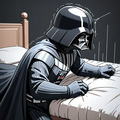 Darth Vader, bed, (trembling, motion lines, sound effects:1.5), no humans, simple background, masterpiece, best quality