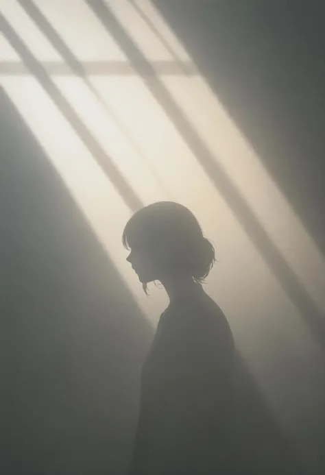 Fujichrome Provia 100F, silhouette from the light of the projector on the wall, shadow, light from darkness, unfulfilled dreams, abstract, masterpiece, best quality, cinematic composition, atmospheric haze, Film grain, cinematic film still, shallow depth of field, highly detailed