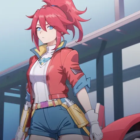 masterpiece, high quality, detailed eyes, upper body, Red Hair, red jacket, blue shorts, blue eyes, confused, waist up,