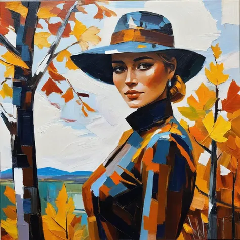 (Abstract) sketch of a woman in the fall season, oil on canvas,   olxdunne,    <lora:oliviadunne_juggerX_xl_1_st_wocap-olxdunne-000081:1>