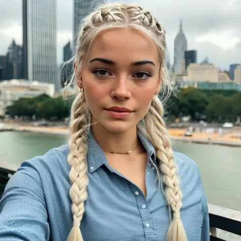 (Skin Texture, pores, natural,iPhone,RAW)), natural lighting, Highest Quality (closeup) Portrait photo of a woman with long braided platinum blonde hair,  Nikon Z9, realistic matte skin,  blurry city in the background, 8K, ((looking straight at the camera)),   olxdunne,    <lora:oliviadunne_juggerX_xl_1_st_wocap-olxdunne-000081:1>