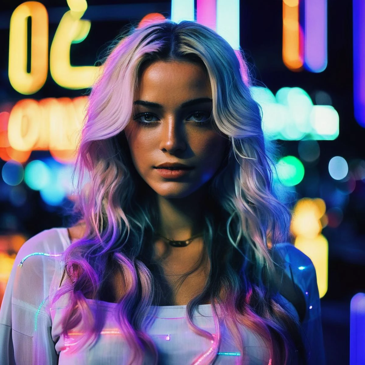 Photo of a woman with long wavy hair,portrait,kodachrome, neon,cyberpunk, olxdunne, <lora:oliviadunne_juggerX_xl_1_st_wocap-olxdunne-000081:1>