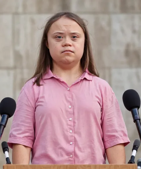 <lora:Chromosome:0.5>,down syndrome,adult,greta,standing in front of a podium,disgust,pink shirt,<lora:greta:1>,
