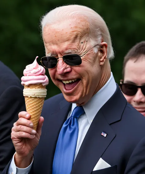 <lora:Chromosome:1>,down syndrome,adult,Joe Biden,suit,close-up,giggling,holding a tall ice cream cone,large dark sunglasses,