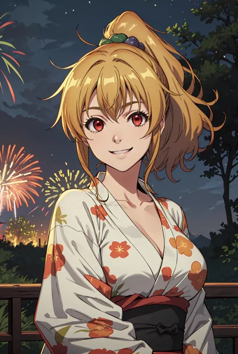 (best quality), (masterpiece), nanako_kogure, blonde hair, red eyes, ponytail, hair ornament, yukata, large breasts, upper body, looking at viewer, smiling, hill, forest, fireworks, night, <lora:nanako_kogure-000005:0.7>