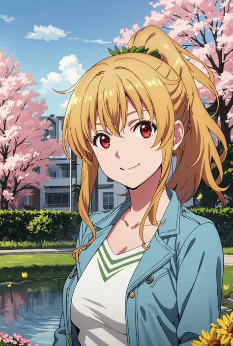 (best quality), (masterpiece), nanako_kogure, blonde hair, red eyes, ponytail, hair ornament, white shirt, blue jacket, large breasts, upper body, looking at viewer, smiling, park, trees, flowers, pond, city, <lora:nanako_kogure-000005:0.7>