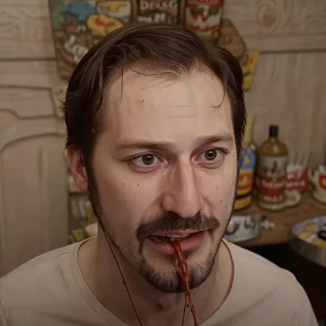<lora:rekieta_v6:1>, rekieta, facial hair, gaunt, thin, eating spaghetti